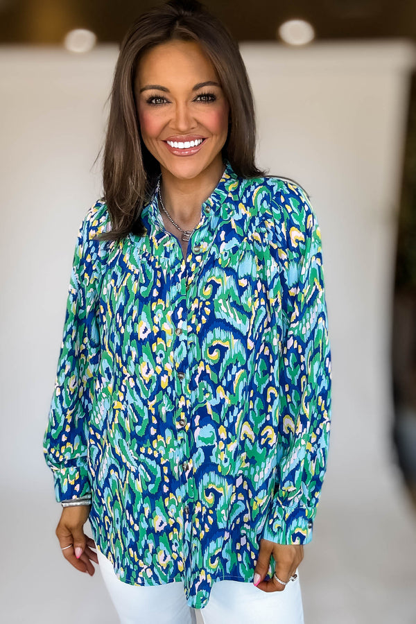 Royal Blue Abstract Print Mandarin Design Top