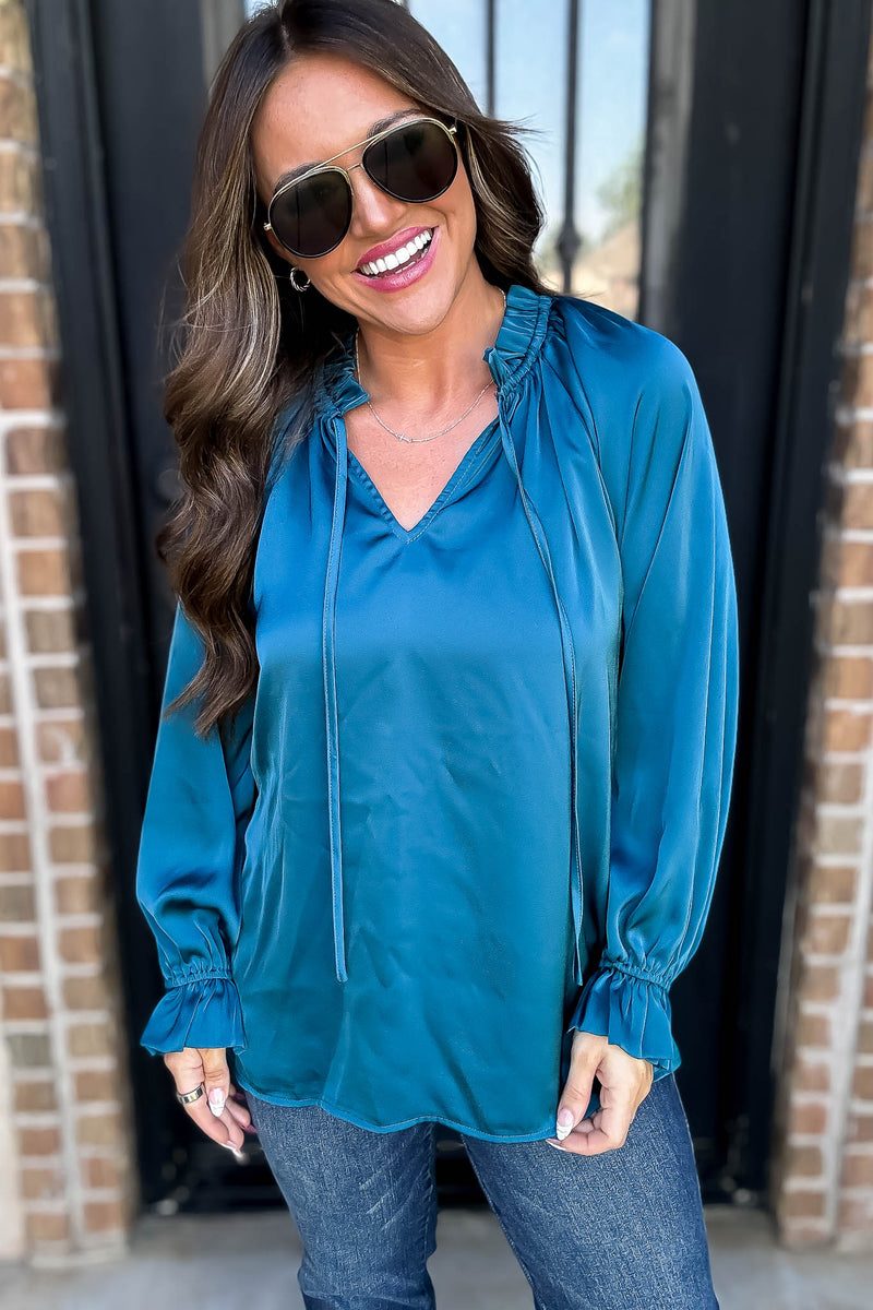 Jade Satin Tie Neck Poet Sleeves Top