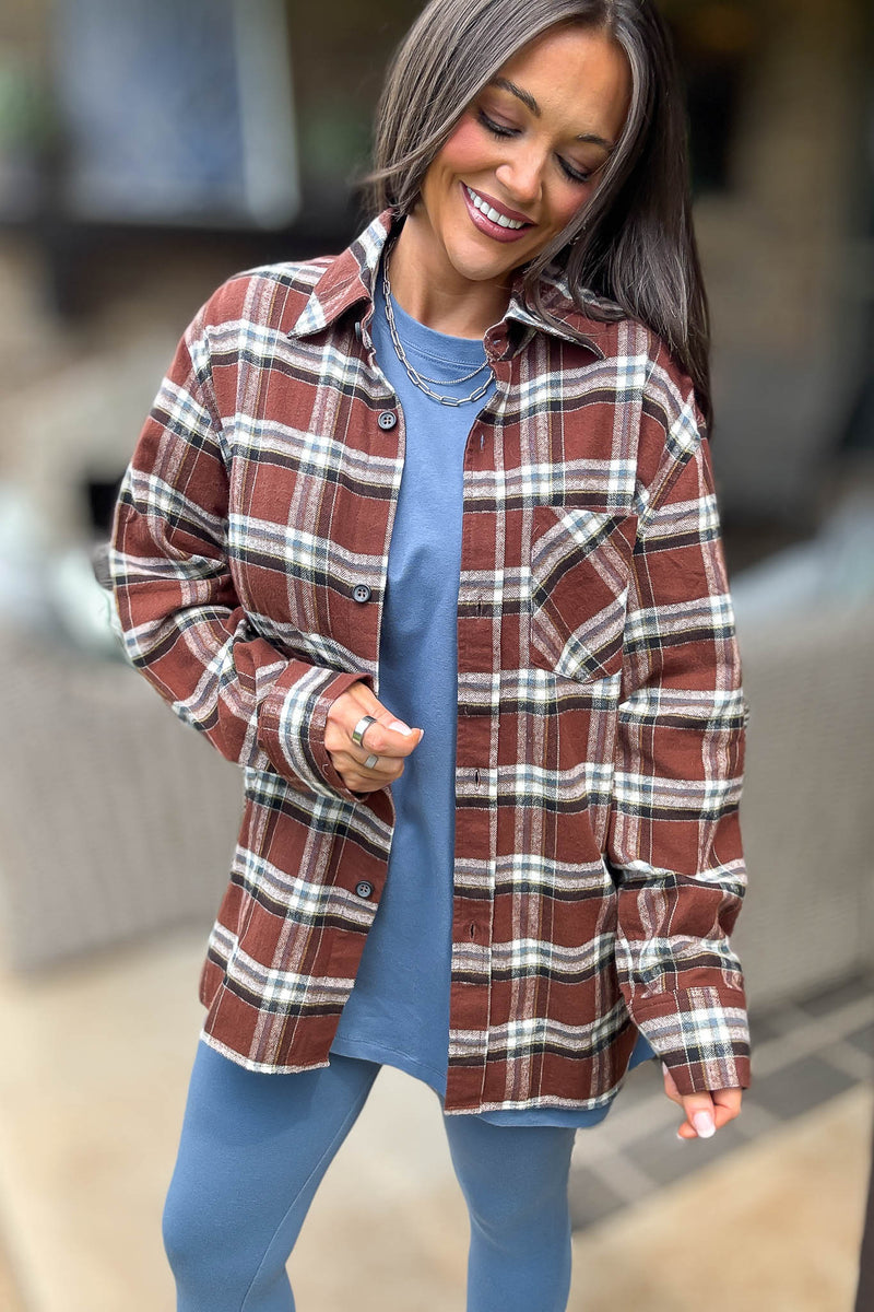 Brown Loose Fit Plaid Button Detail Top With Pocket