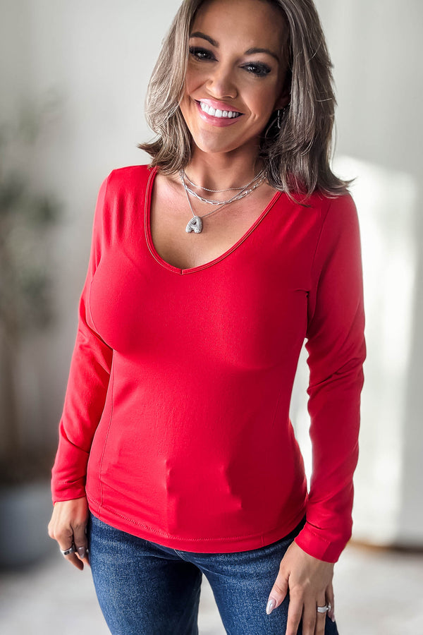 Fleece Lined Red Seamless V Neck Long Sleeve Top