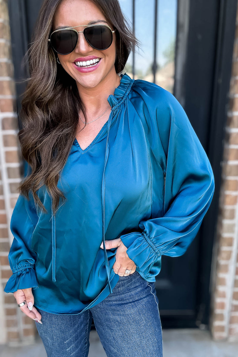 Jade Satin Tie Neck Poet Sleeves Top
