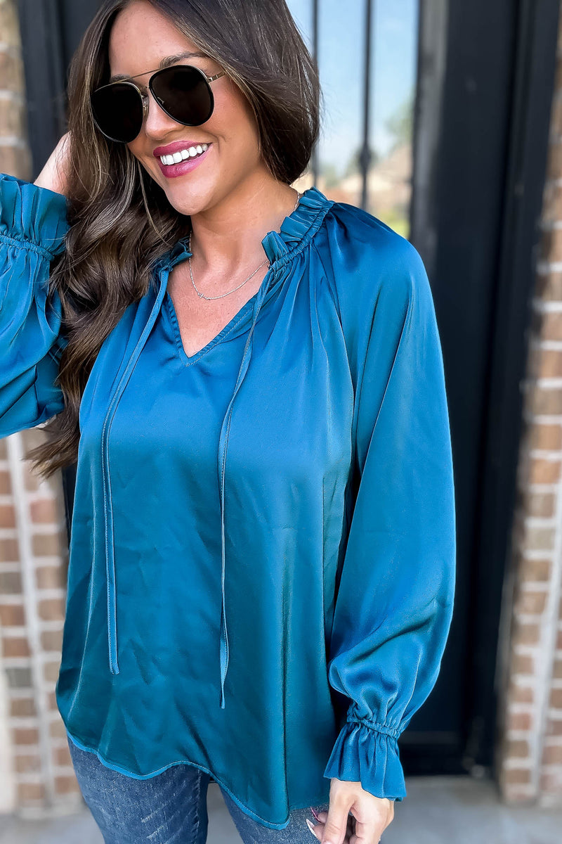Jade Satin Tie Neck Poet Sleeves Top