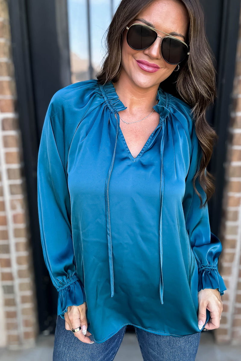 Jade Satin Tie Neck Poet Sleeves Top
