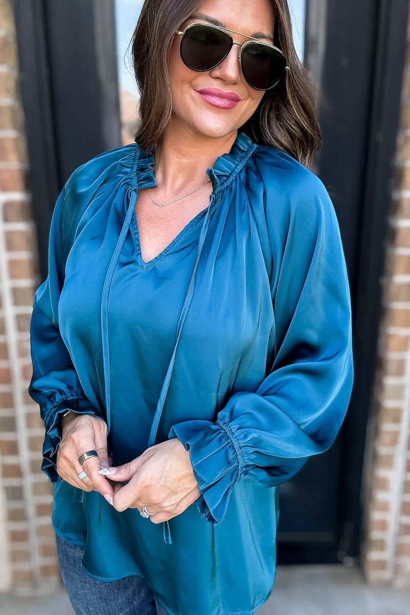 Jade Satin Tie Neck Poet Sleeves Top