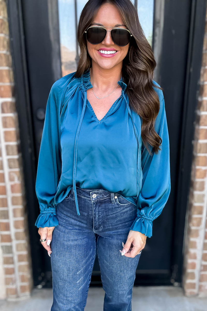 Jade Satin Tie Neck Poet Sleeves Top