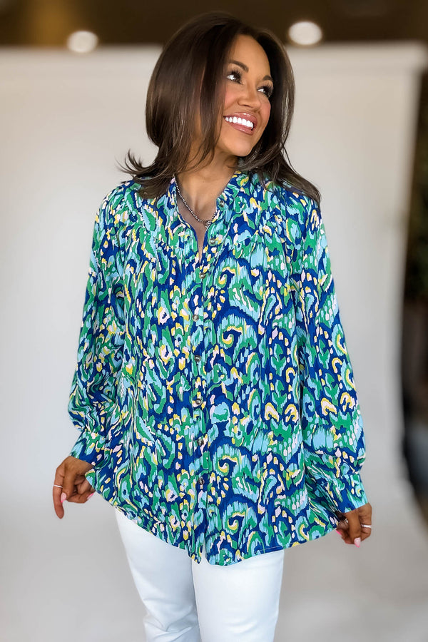 Royal Blue Abstract Print Mandarin Design Top