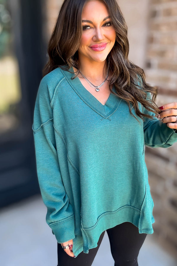 V-Neck Green Dolman Sleeve Detail Patched Sweatshirt