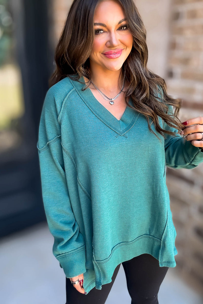 V-Neck Green Dolman Sleeve Detail Patched Sweatshirt