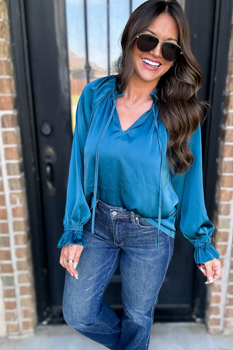 Jade Satin Tie Neck Poet Sleeves Top