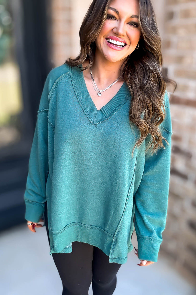V-Neck Green Dolman Sleeve Detail Patched Sweatshirt