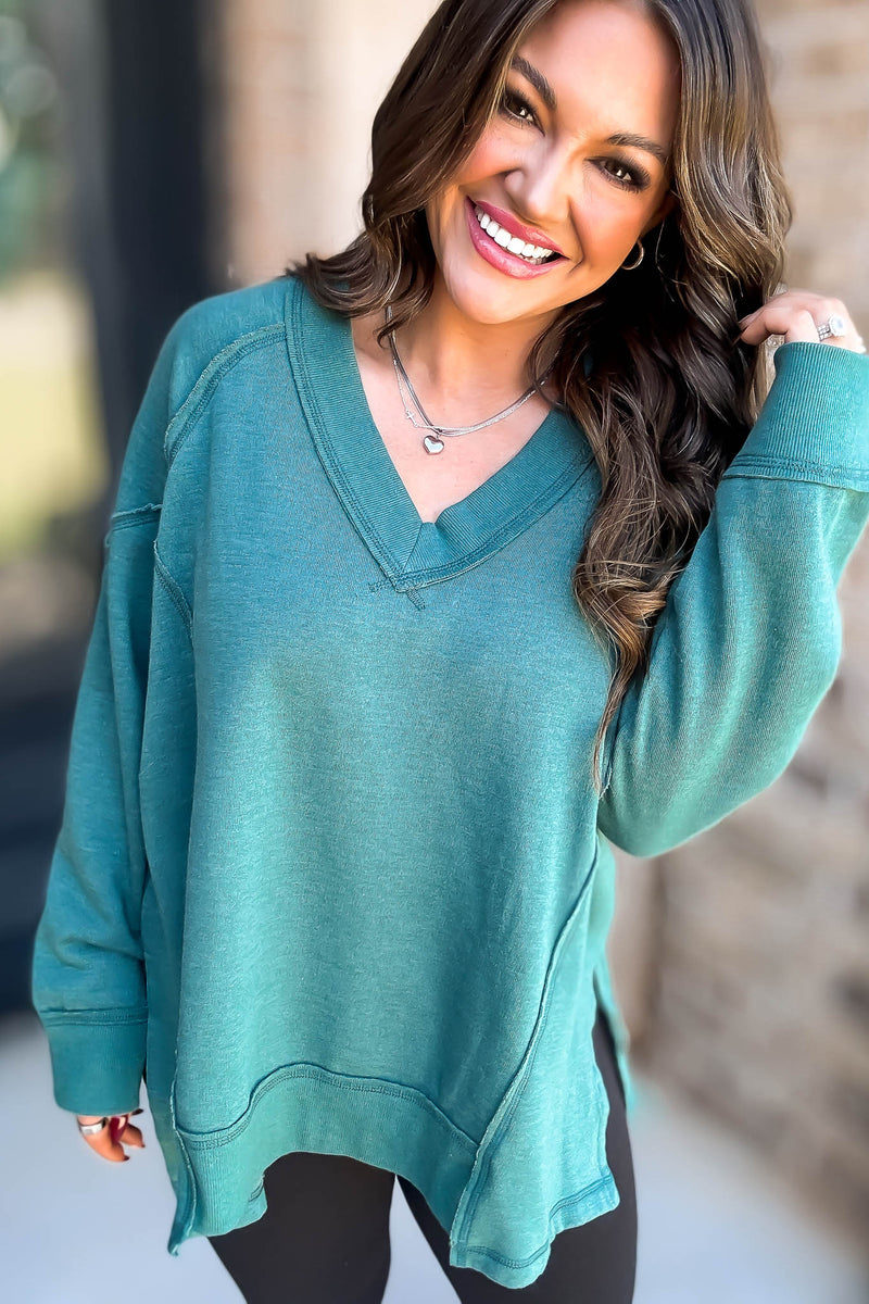 V-Neck Green Dolman Sleeve Detail Patched Sweatshirt