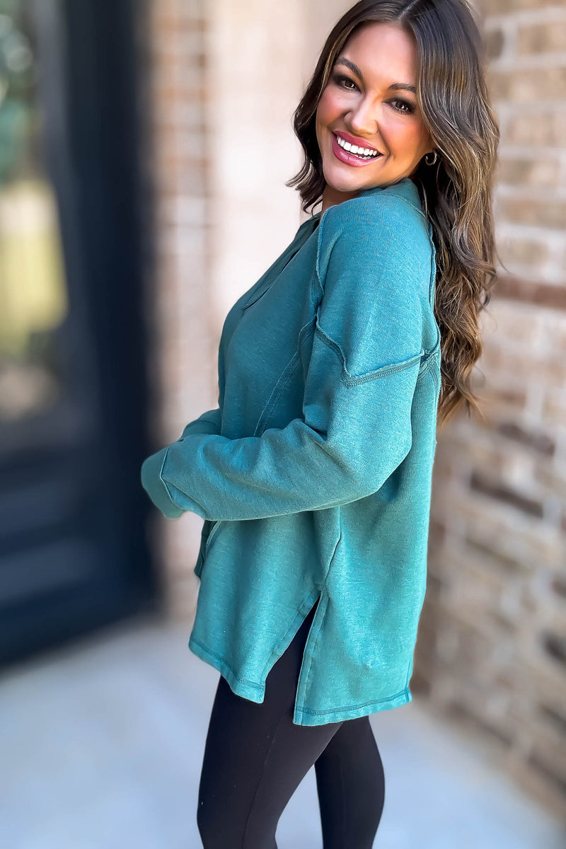 V-Neck Green Dolman Sleeve Detail Patched Sweatshirt