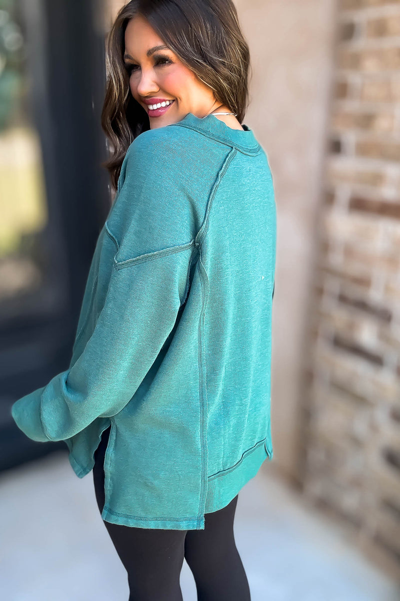 V-Neck Green Dolman Sleeve Detail Patched Sweatshirt