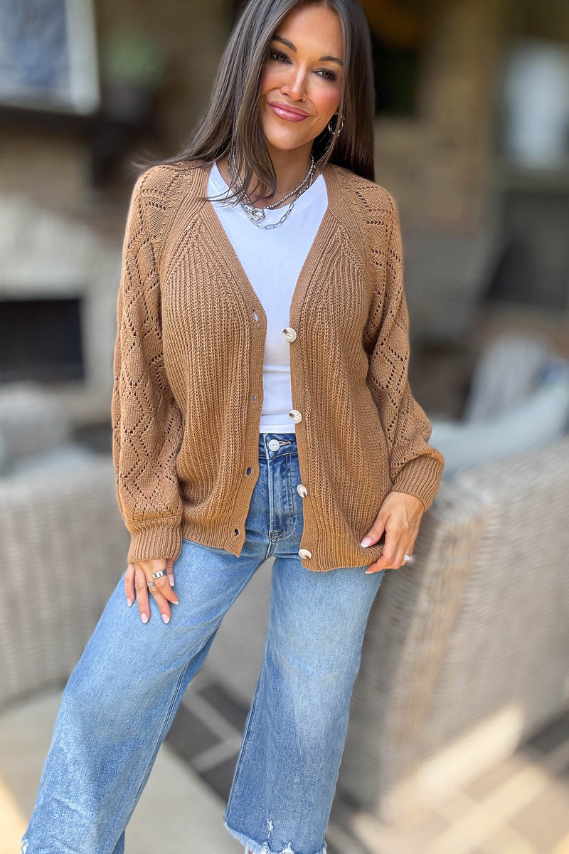 Camel Solid Detailed Sleeve Button Down Sweater Cardigan