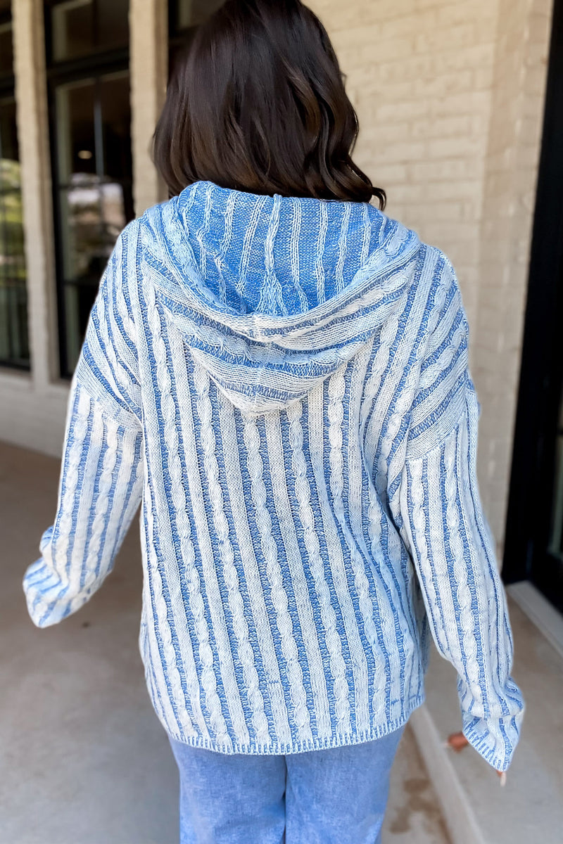 Rock Solid Denim Cable Textured Hood Sweater Top