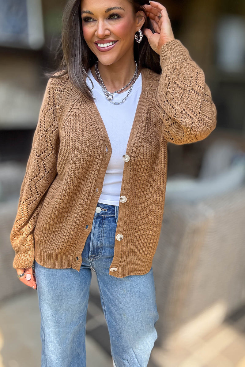 Camel Solid Detailed Sleeve Button Down Sweater Cardigan