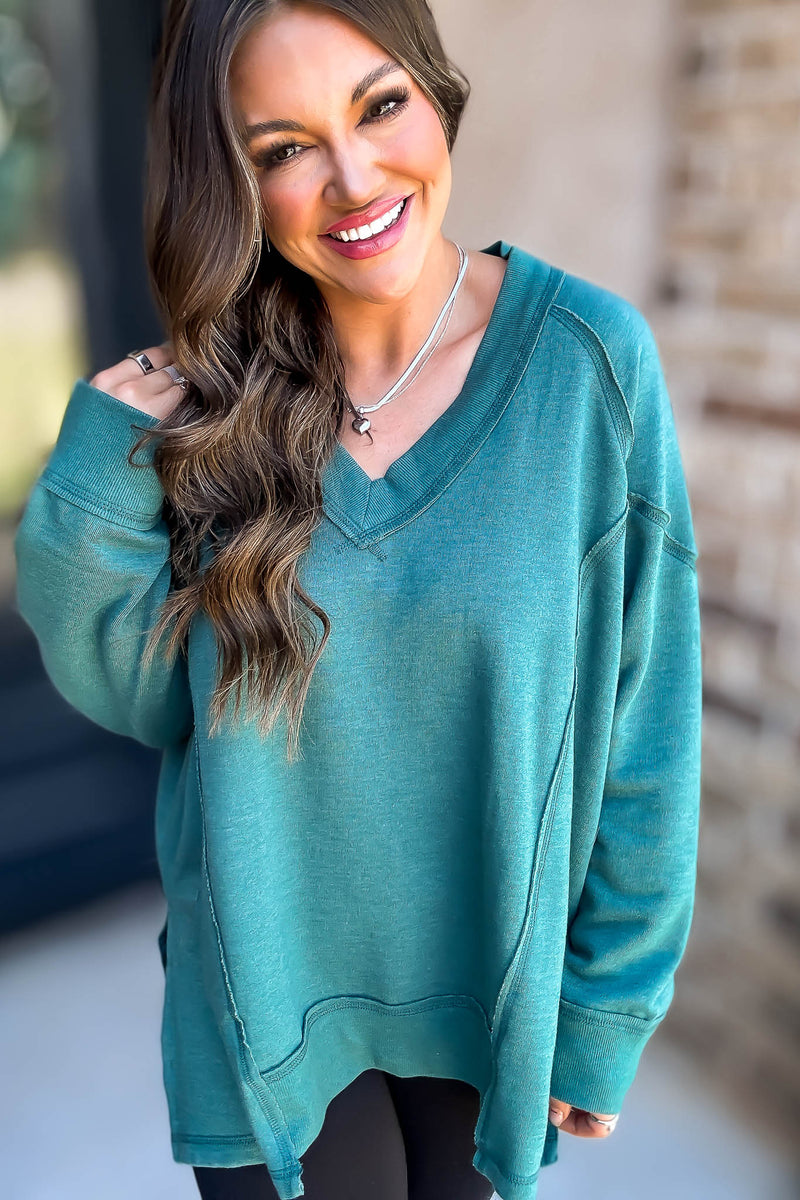 V-Neck Green Dolman Sleeve Detail Patched Sweatshirt
