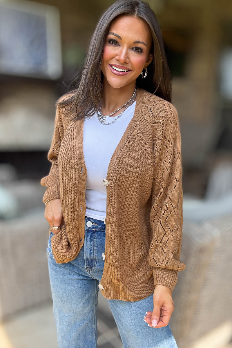 Camel Solid Detailed Sleeve Button Down Sweater Cardigan