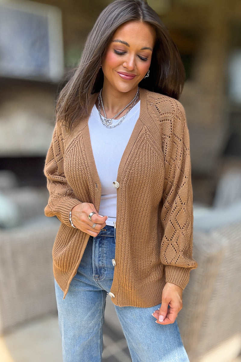 Camel Solid Detailed Sleeve Button Down Sweater Cardigan