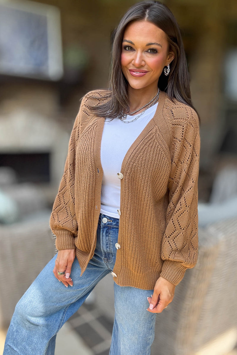 Camel Solid Detailed Sleeve Button Down Sweater Cardigan