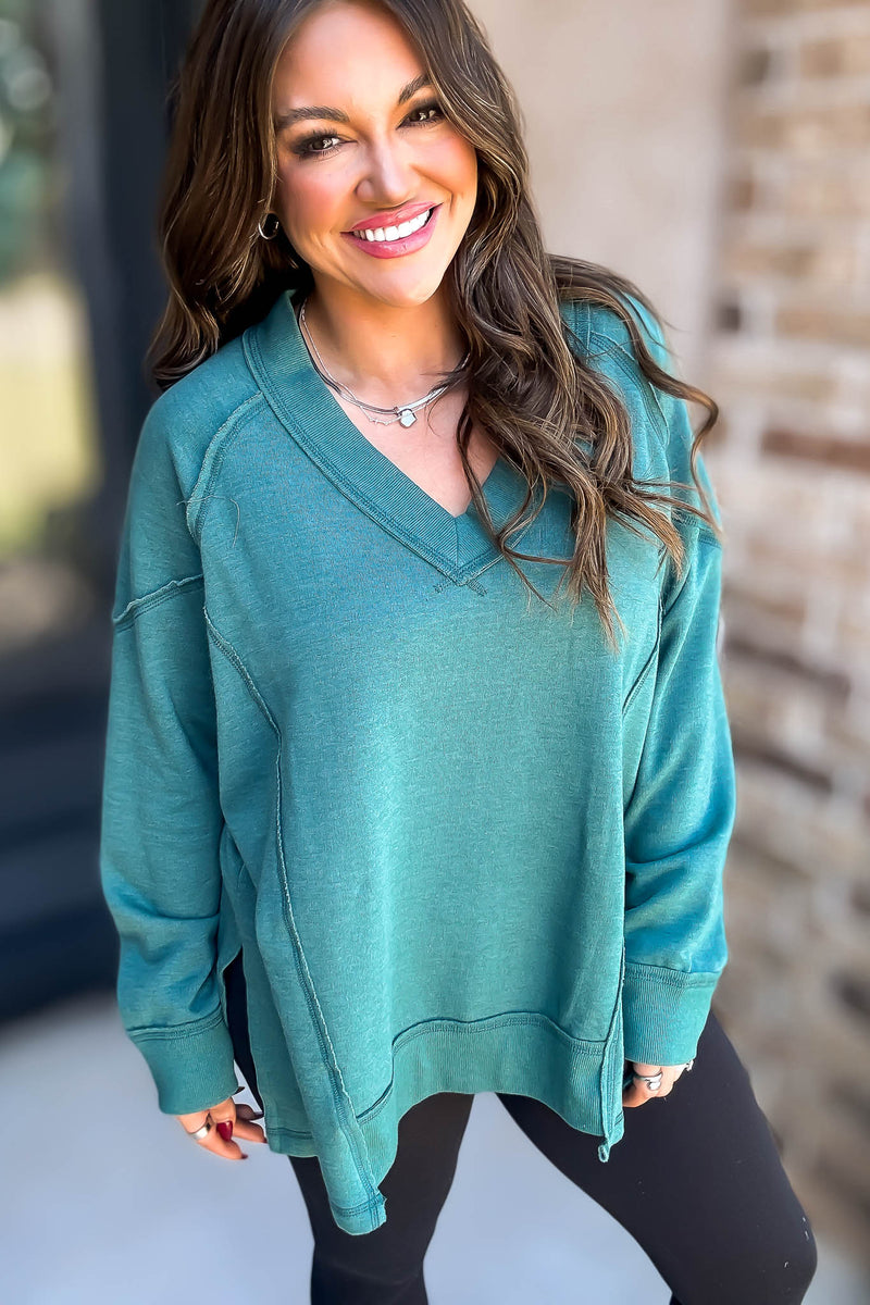 V-Neck Green Dolman Sleeve Detail Patched Sweatshirt