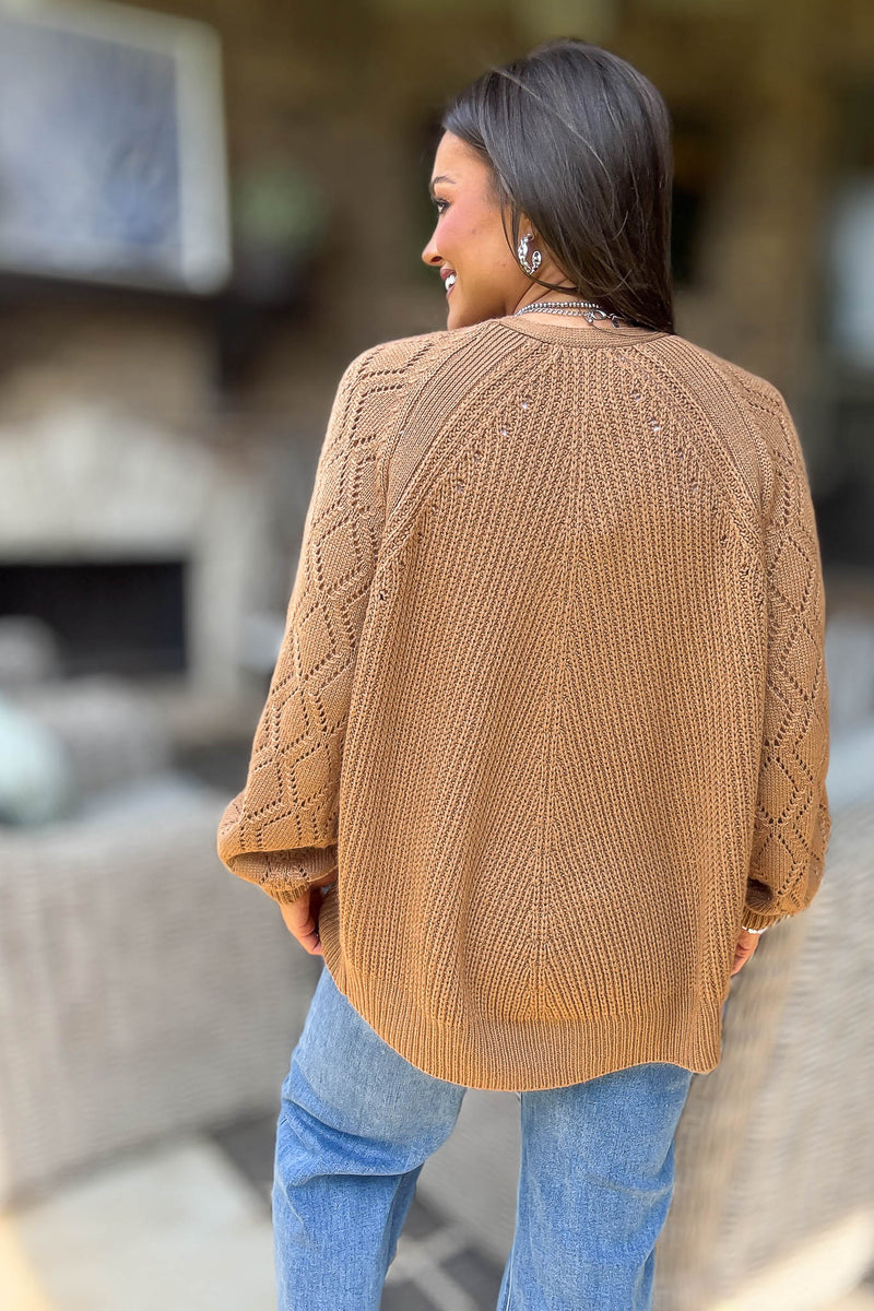 Camel Solid Detailed Sleeve Button Down Sweater Cardigan