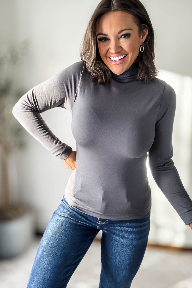 Fleece Lined Forged Iron Seamless Mock Neck Long Sleeve Top