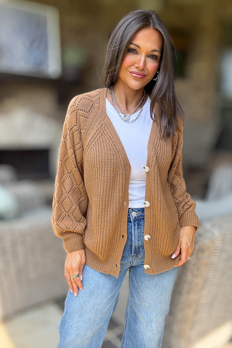 Camel Solid Detailed Sleeve Button Down Sweater Cardigan