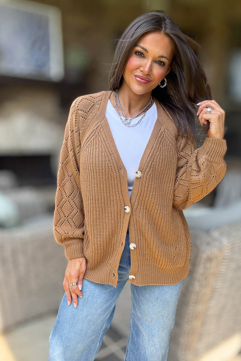 Camel Solid Detailed Sleeve Button Down Sweater Cardigan