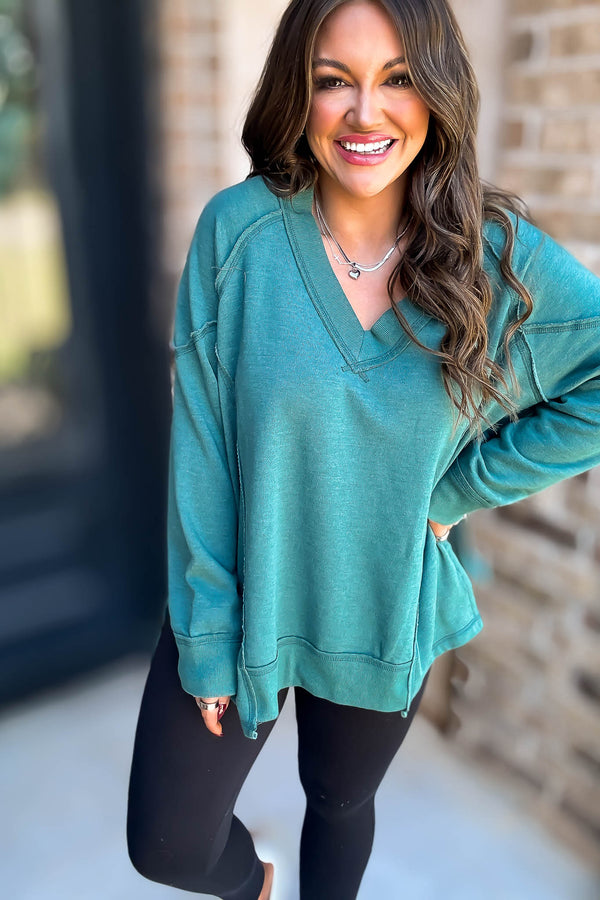 V-Neck Green Dolman Sleeve Detail Patched Sweatshirt