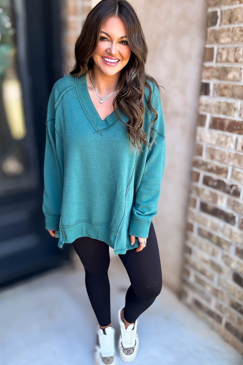 V-Neck Green Dolman Sleeve Detail Patched Sweatshirt