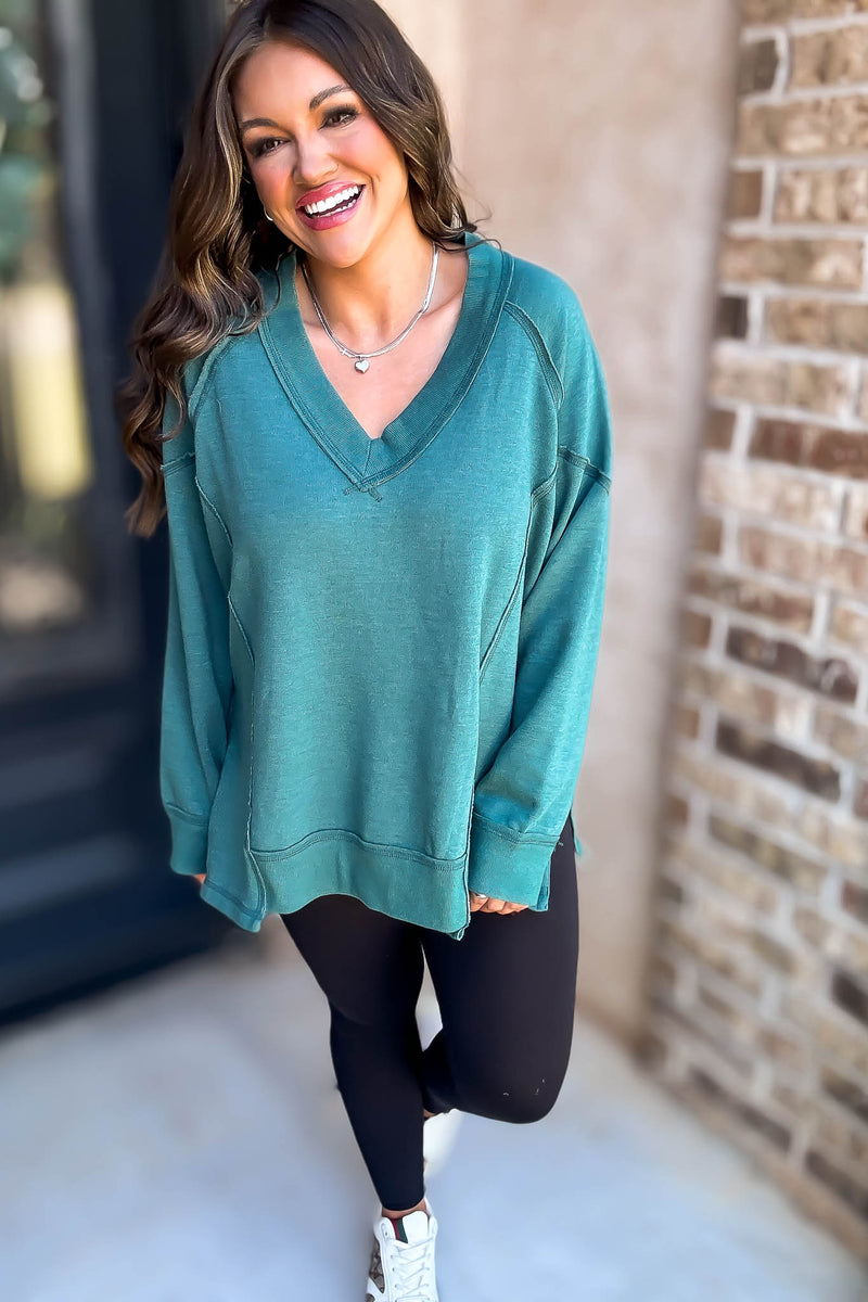 V-Neck Green Dolman Sleeve Detail Patched Sweatshirt