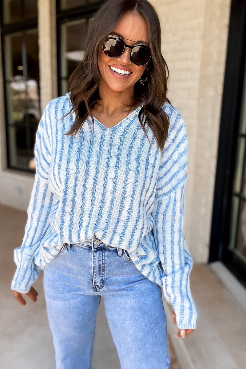 Rock Solid Denim Cable Textured Hood Sweater Top