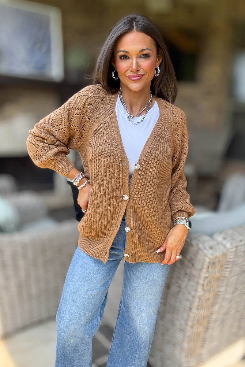 Camel Solid Detailed Sleeve Button Down Sweater Cardigan