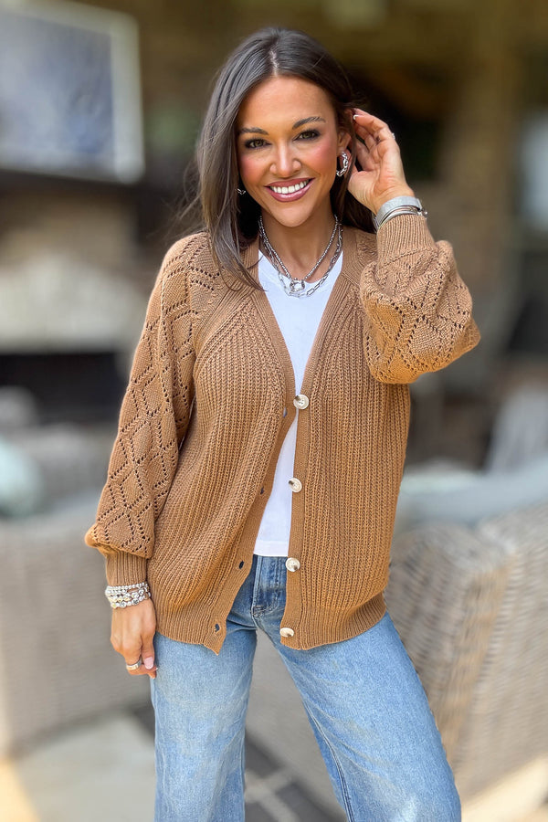 Camel Solid Detailed Sleeve Button Down Sweater Cardigan