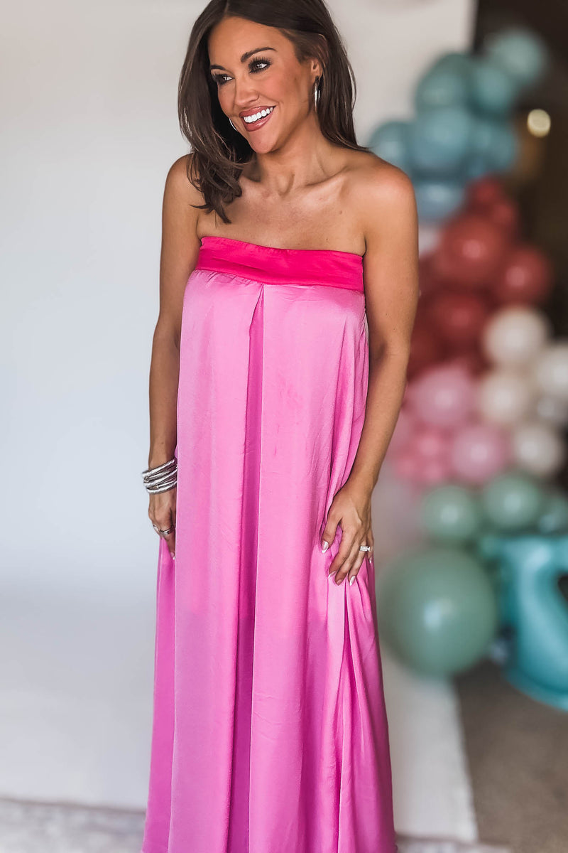 Pink Tube Tie Back Chest Color Block Maxi Dress