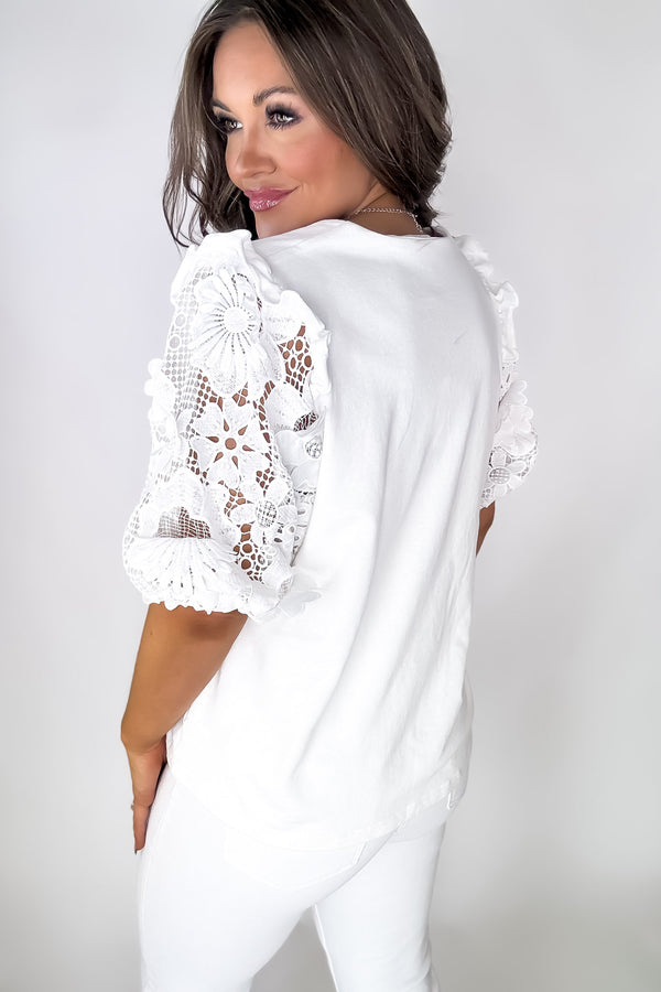 Keep It Authentic Off White Floral Lace Contrast Sleeve Top