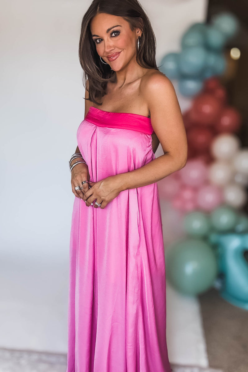 Pink Tube Tie Back Chest Color Block Maxi Dress