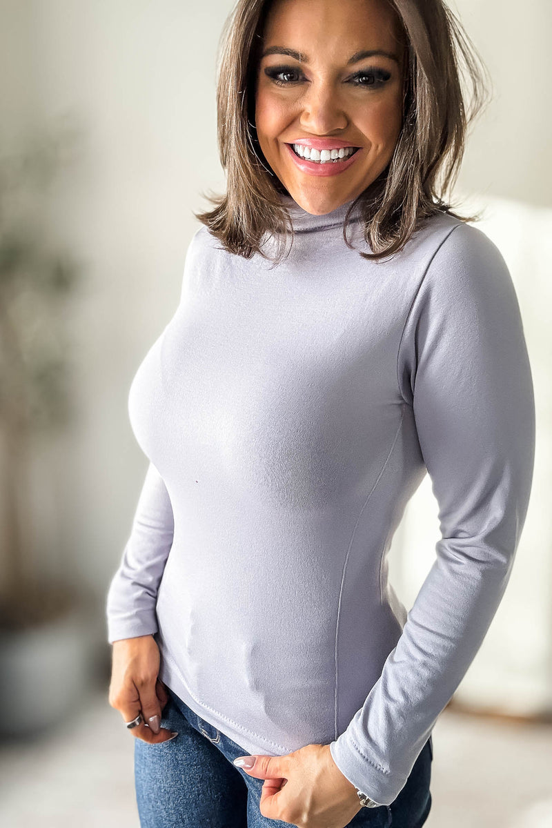 Fleece Lined Taro Grey Seamless Mock Neck Long Sleeve Top