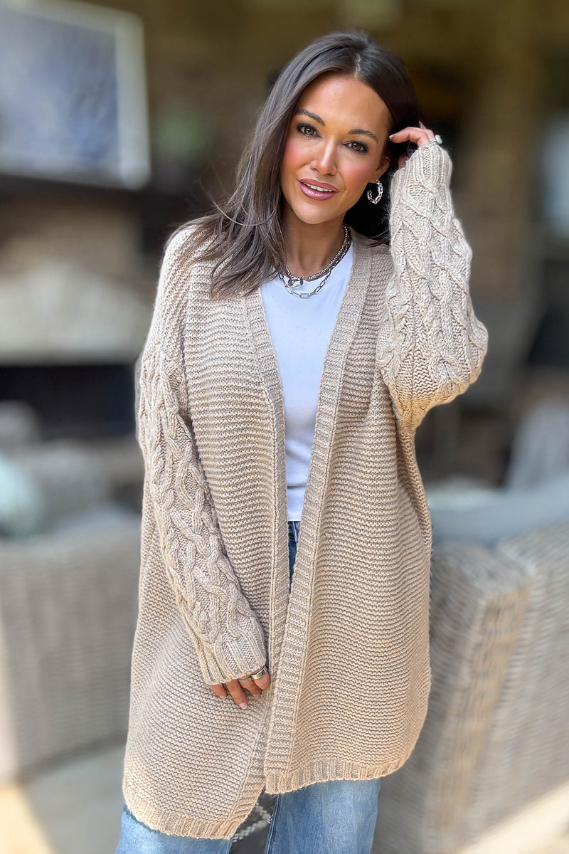 Taupe Long Detailed Sleeve Open Thick Knit Cardigan