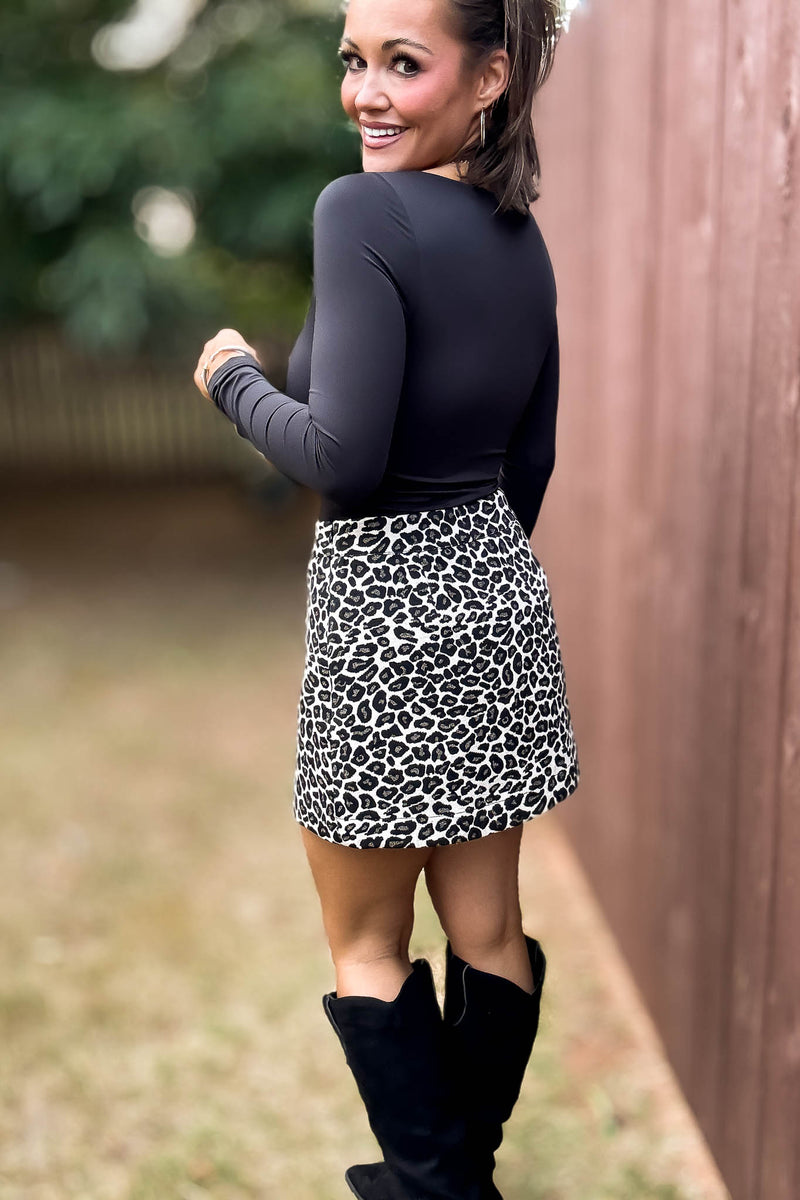 Mable Crew Leopard Jacquard Front Tuck Mini Skort