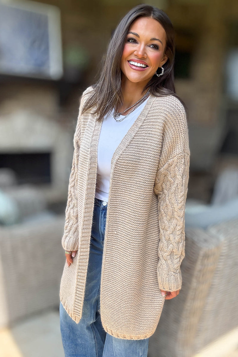 Taupe Long Detailed Sleeve Open Thick Knit Cardigan