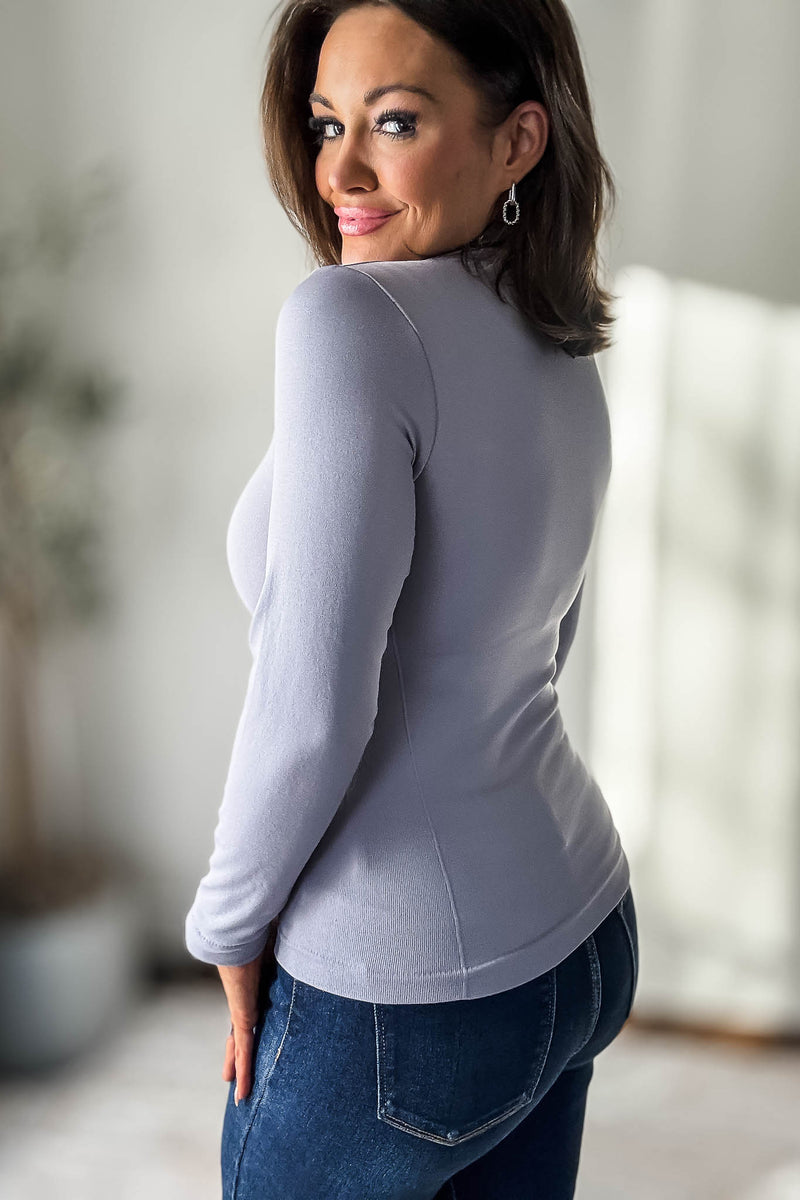 Fleece Lined Taro Grey Seamless Mock Neck Long Sleeve Top