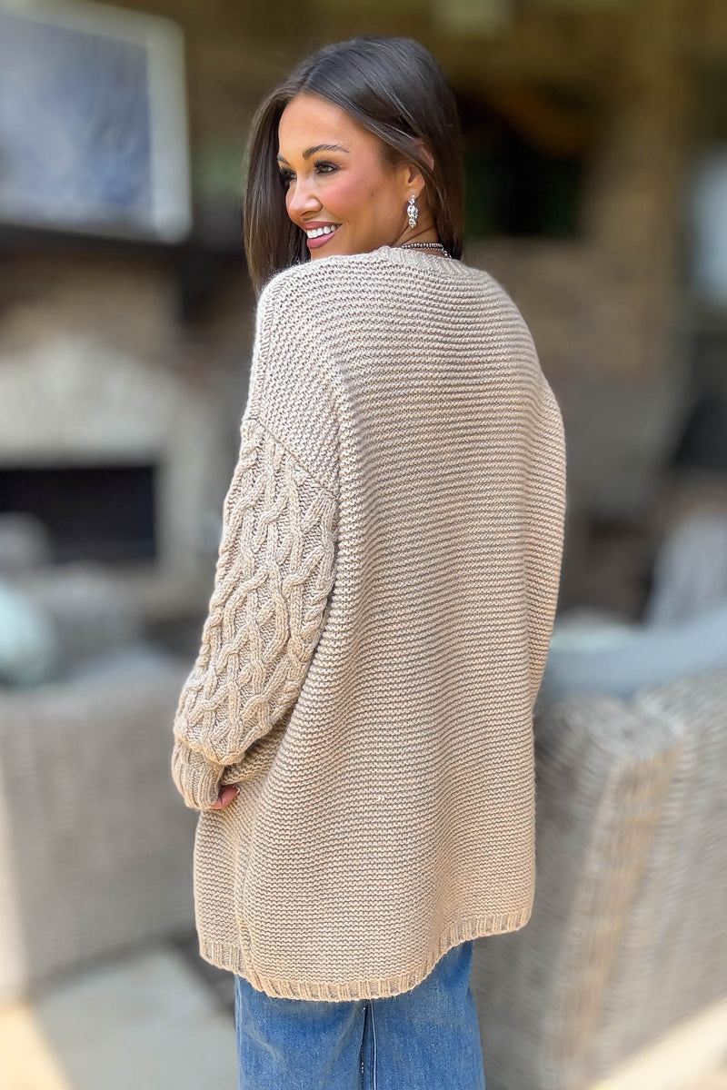 Taupe Long Detailed Sleeve Open Thick Knit Cardigan