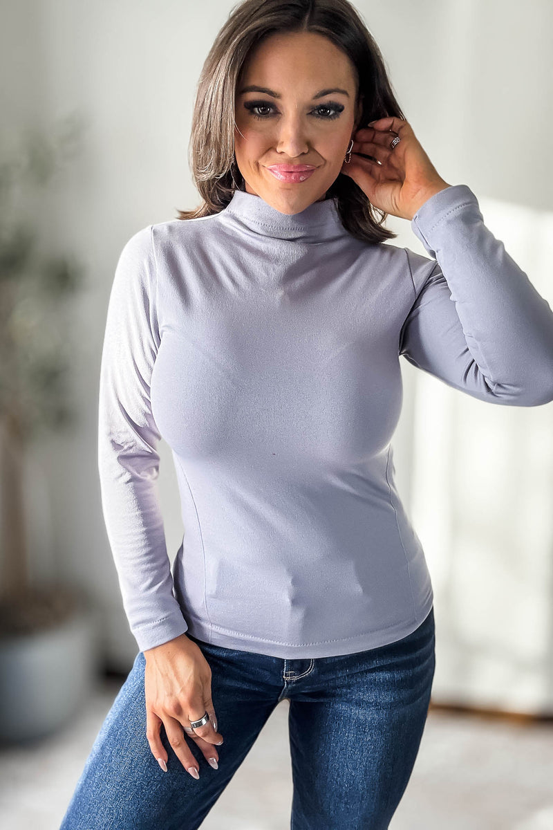 Fleece Lined Taro Grey Seamless Mock Neck Long Sleeve Top