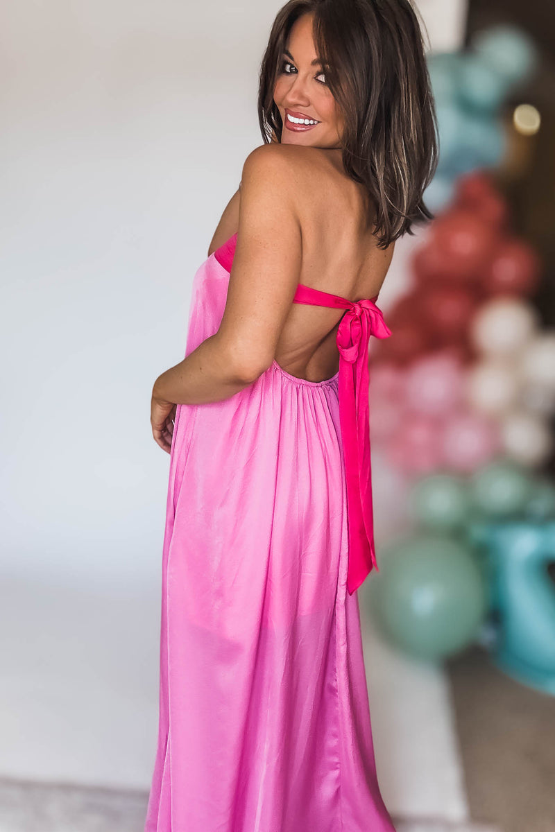 Pink Tube Tie Back Chest Color Block Maxi Dress