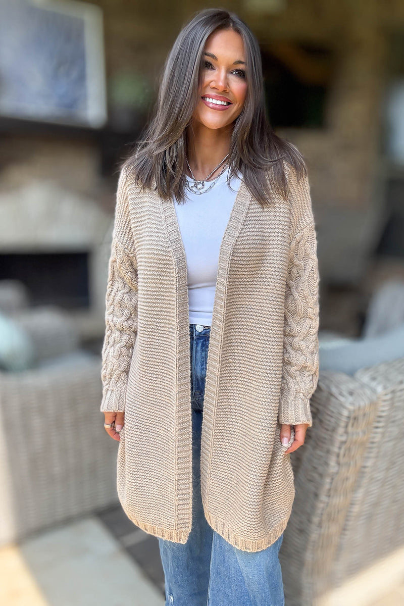 Taupe Long Detailed Sleeve Open Thick Knit Cardigan