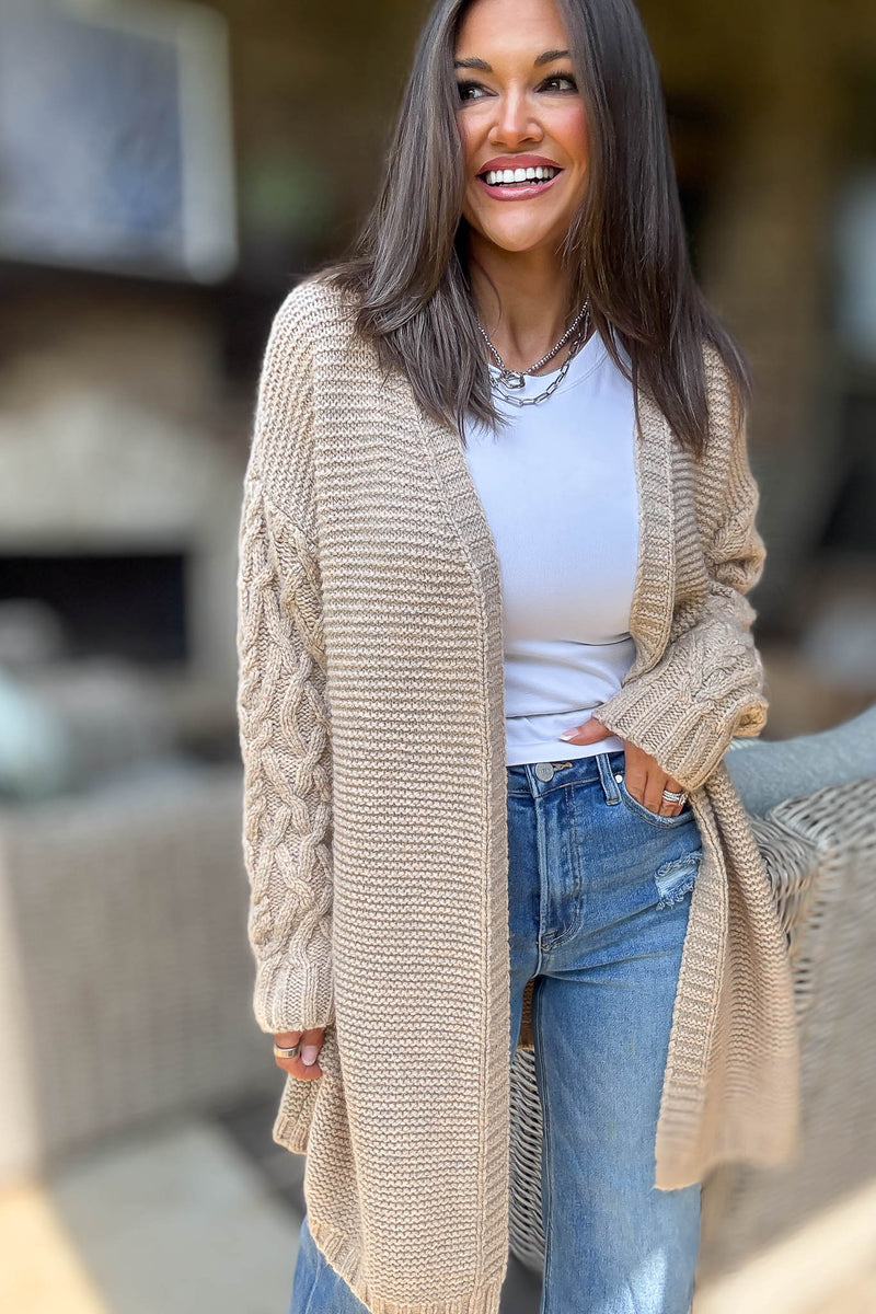 Taupe Long Detailed Sleeve Open Thick Knit Cardigan