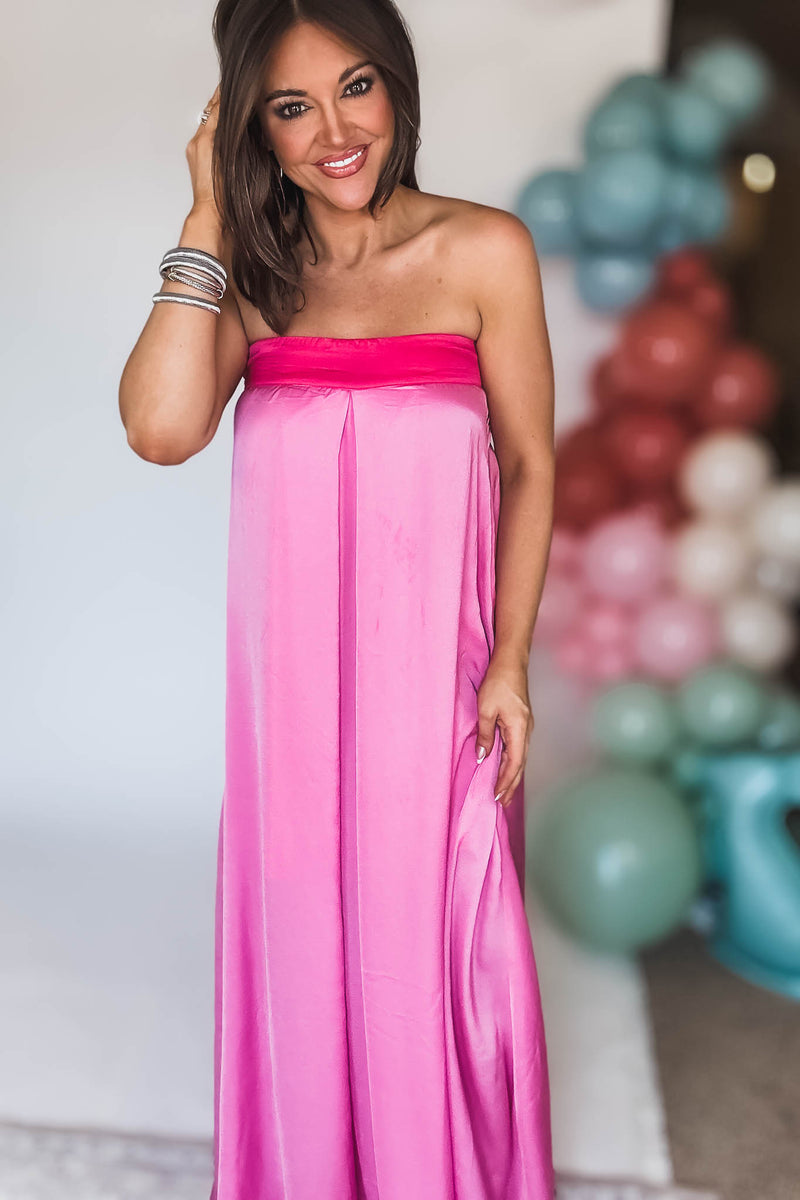 Pink Tube Tie Back Chest Color Block Maxi Dress
