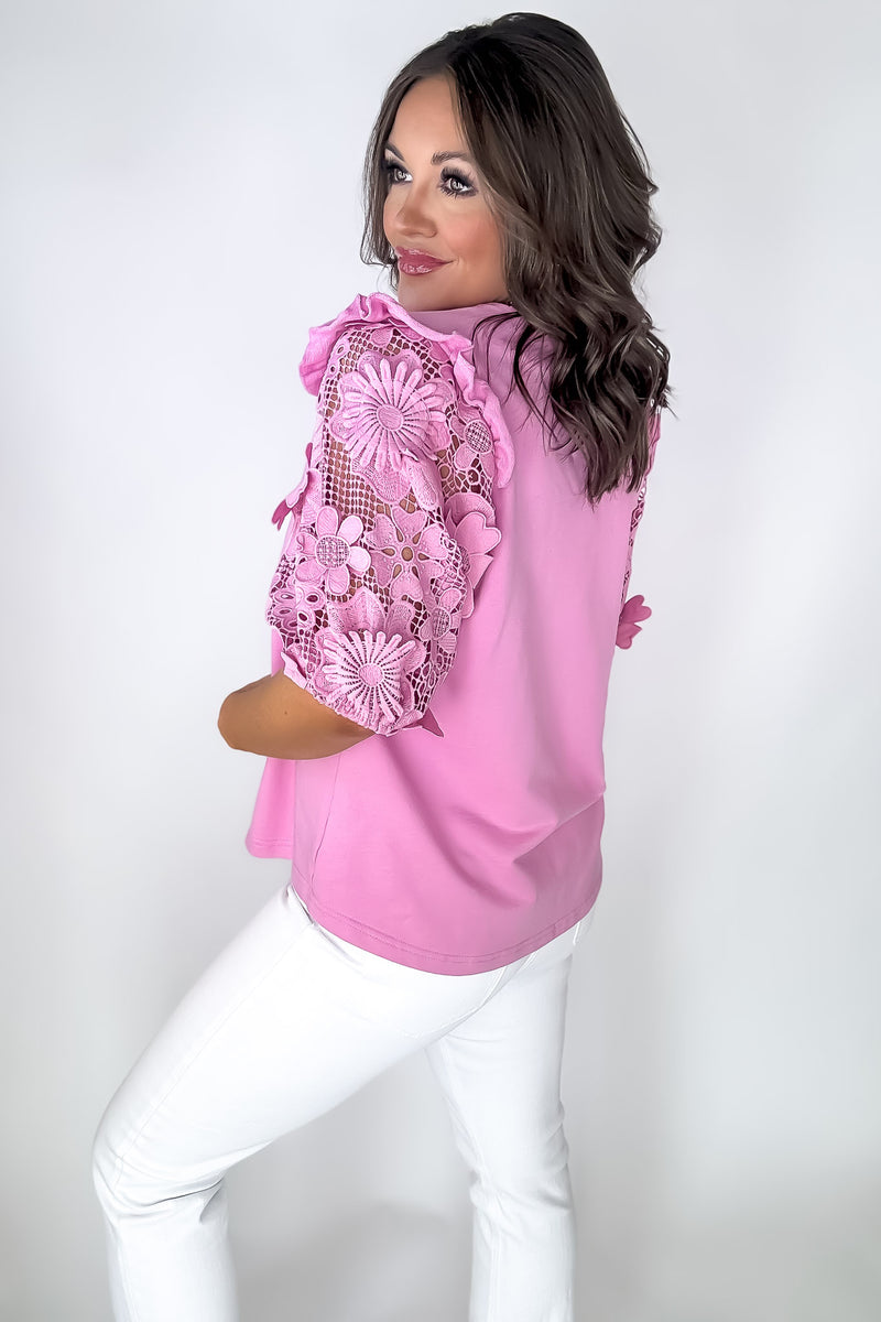 Keep It Authentic Pink Floral Lace Contrast Sleeve Top